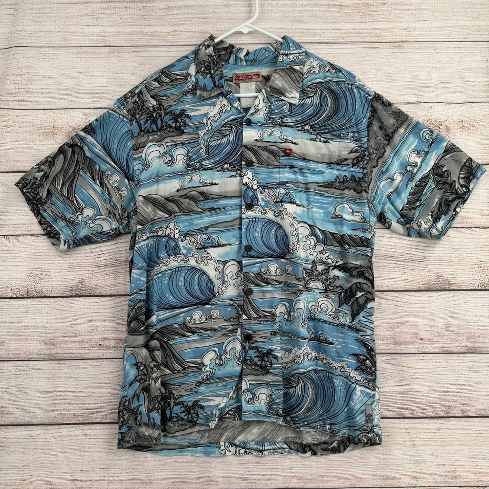 Vintage 90s‎ Quiksilver Button Up Shirt Mens Large Blue Wave Palm Tree Graphic